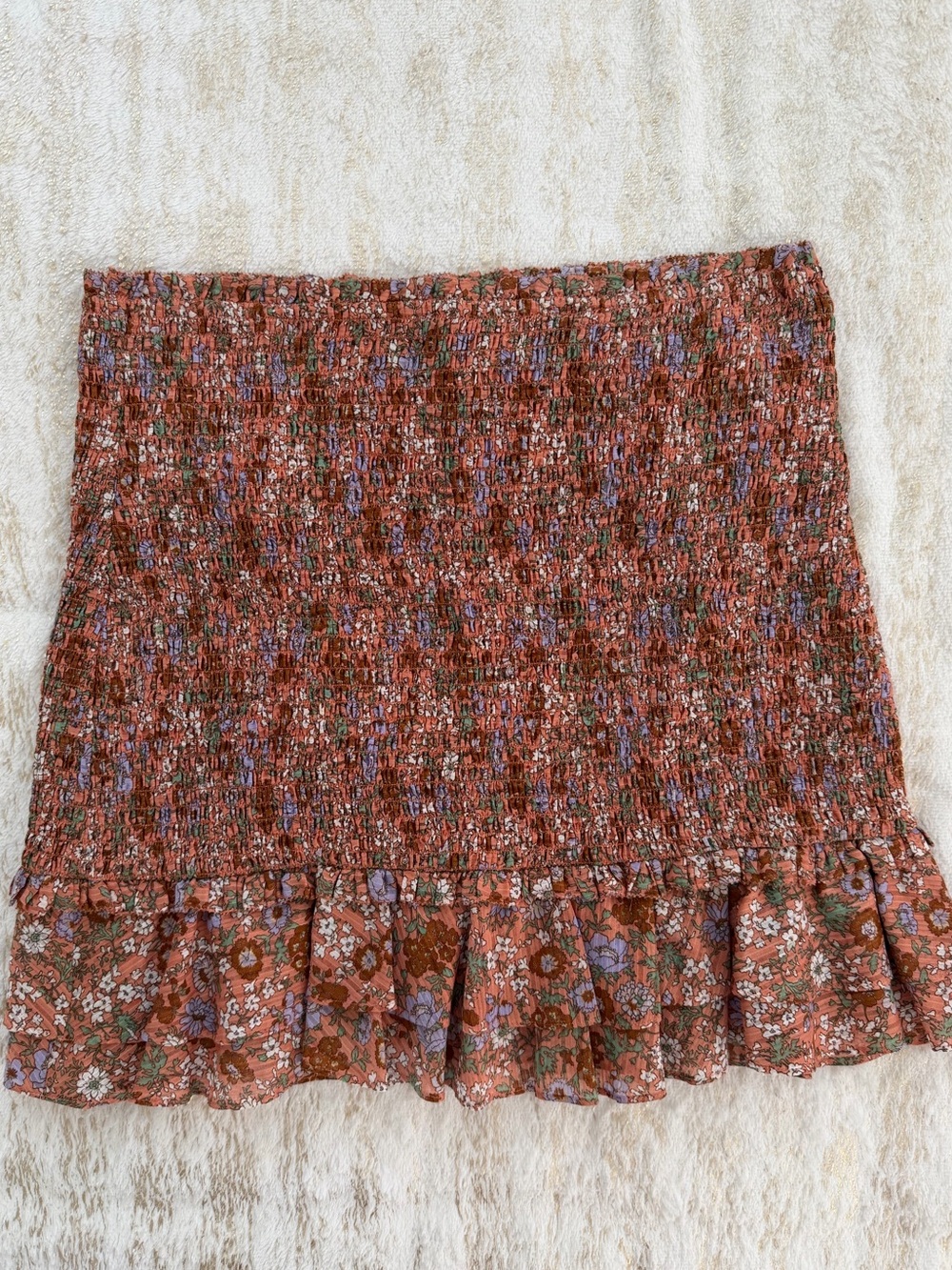 Veronica Beard Rust Floral Smocked Ruffle Mini Skirt